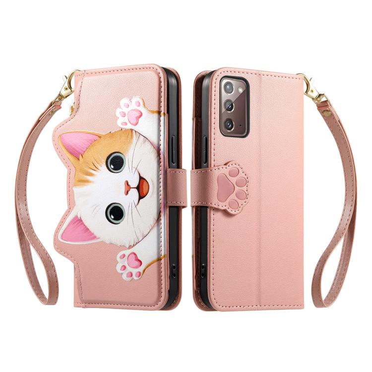 For Galaxy A51 Cat-shaped Zipper Wallet Vegan Leather Phone Case with Strap