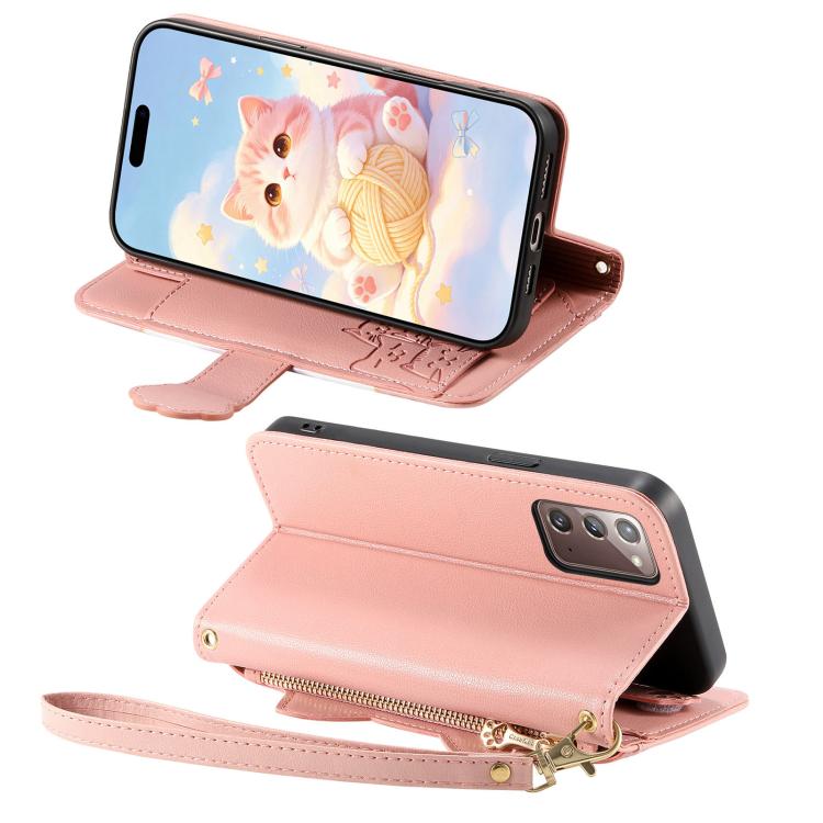For Galaxy A52 5G Cat-shaped Zipper Wallet Vegan Leather Phone Case with Strap