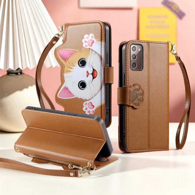 For Galaxy A53 5G Cat-shaped Zipper Wallet Vegan Leather Phone Case with Strap