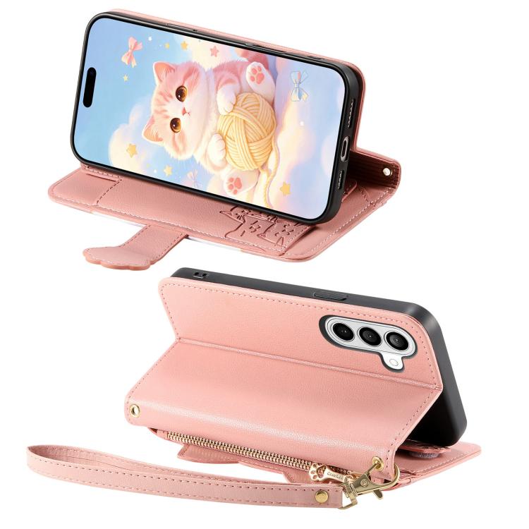 For Galaxy S23 FE 5G Cat-shaped Zipper Wallet Vegan Leather Phone Case with Strap