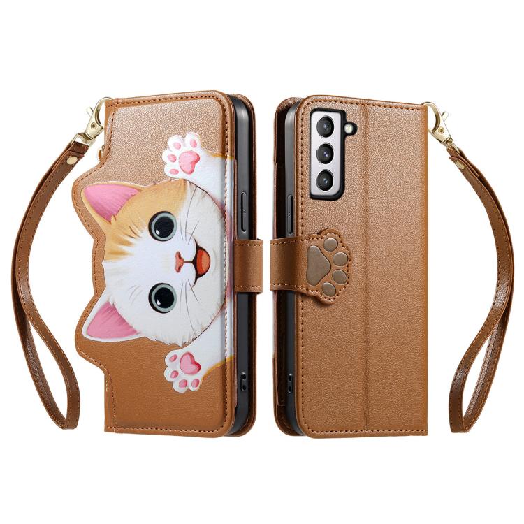 For Galaxy S21 FE 5G Cat-shaped Zipper Wallet Vegan Leather Phone Case with Strap