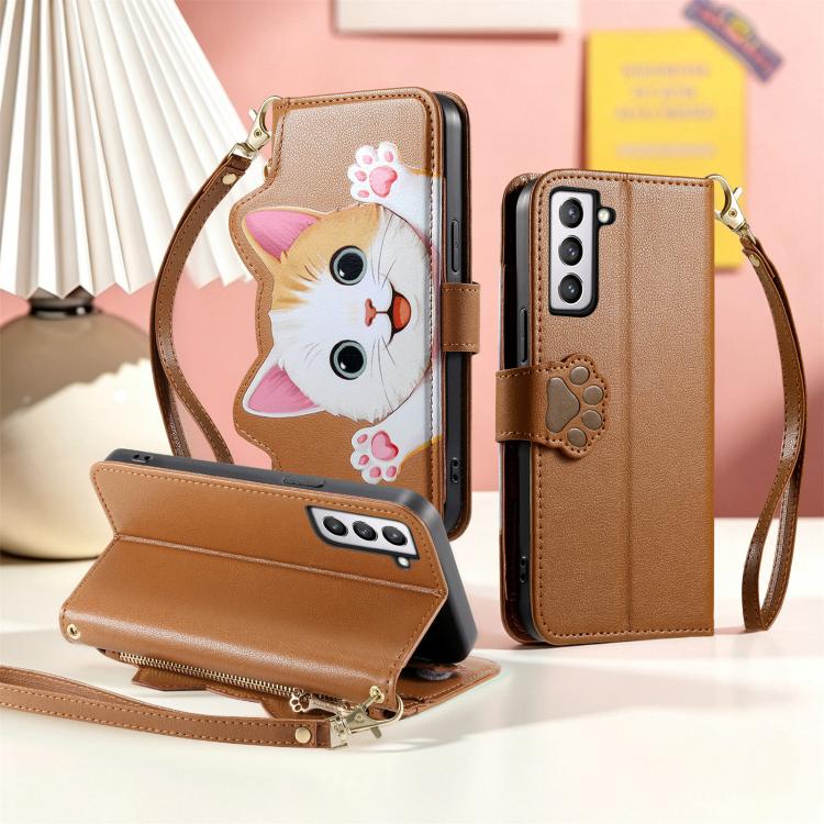 For Galaxy S21 FE 5G Cat-shaped Zipper Wallet Vegan Leather Phone Case with Strap