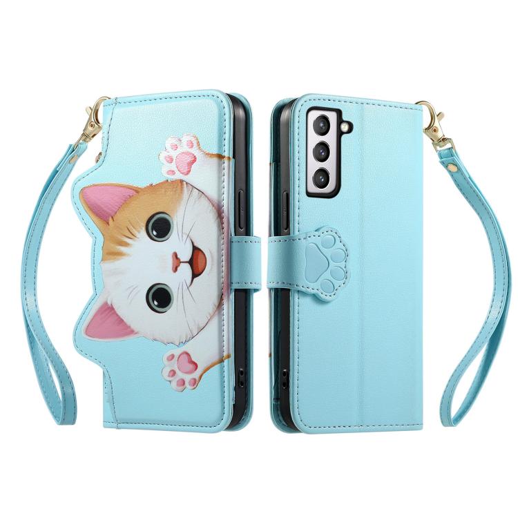 For Galaxy S21 FE 5G Cat-shaped Zipper Wallet Vegan Leather Phone Case with Strap