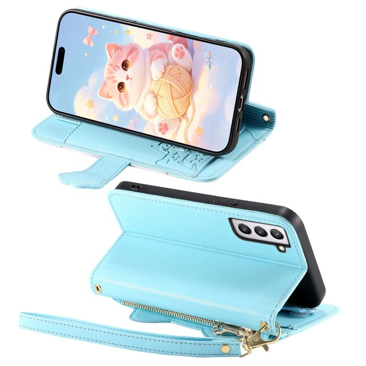 For Galaxy S21 FE 5G Cat-shaped Zipper Wallet Vegan Leather Phone Case with Strap