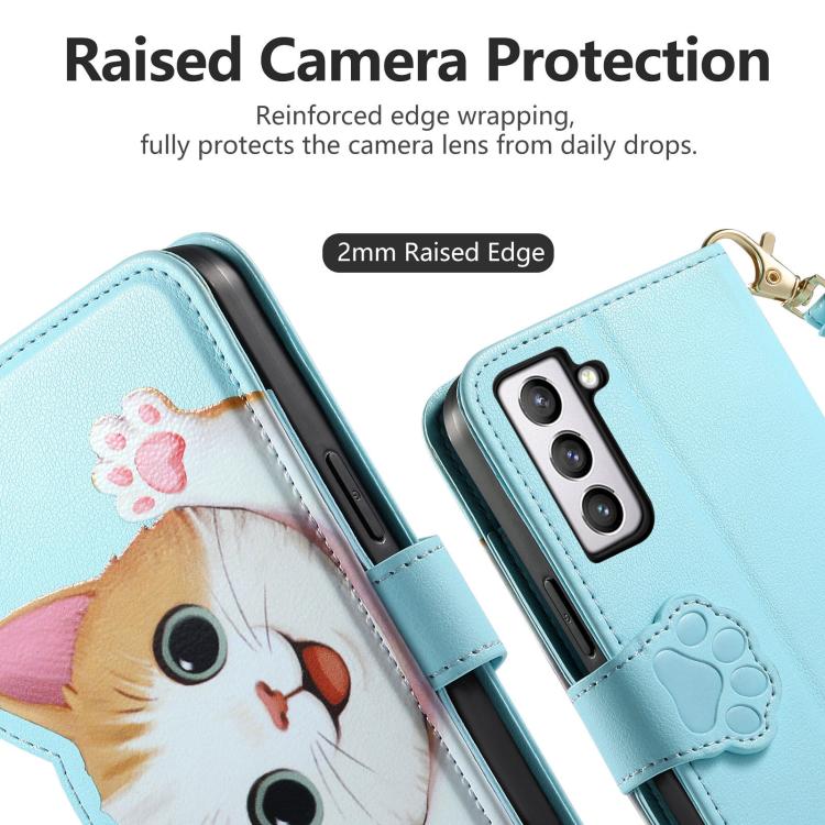 For Galaxy S21 FE 5G Cat-shaped Zipper Wallet Vegan Leather Phone Case with Strap