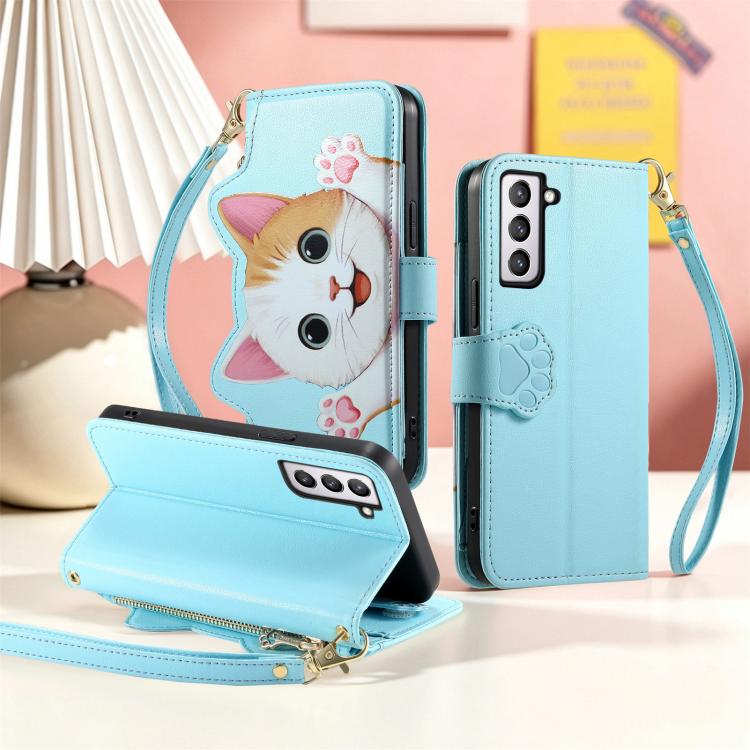 For Galaxy S21 FE 5G Cat-shaped Zipper Wallet Vegan Leather Phone Case with Strap