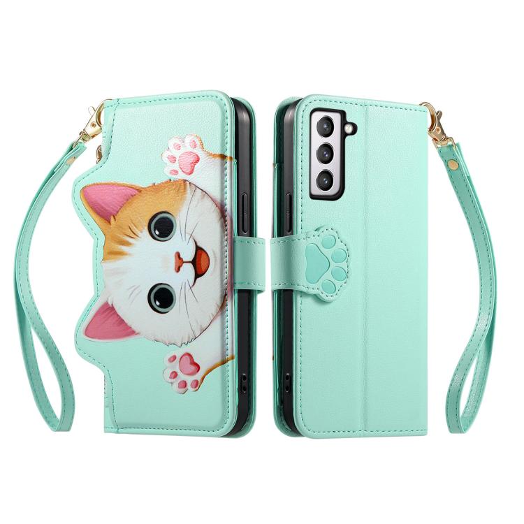 For Galaxy S21 FE 5G Cat-shaped Zipper Wallet Vegan Leather Phone Case with Strap