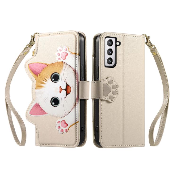 For Galaxy S21 FE 5G Cat-shaped Zipper Wallet Vegan Leather Phone Case with Strap