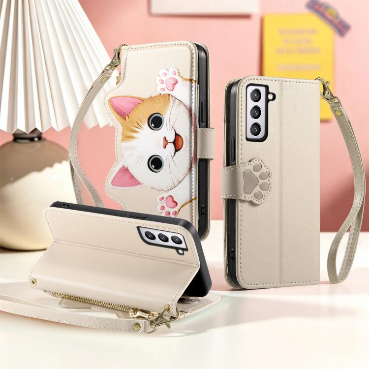 For Galaxy S21 FE 5G Cat-shaped Zipper Wallet Vegan Leather Phone Case with Strap