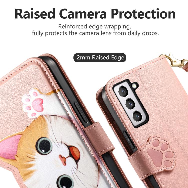 For Galaxy S21 FE 5G Cat-shaped Zipper Wallet Vegan Leather Phone Case with Strap