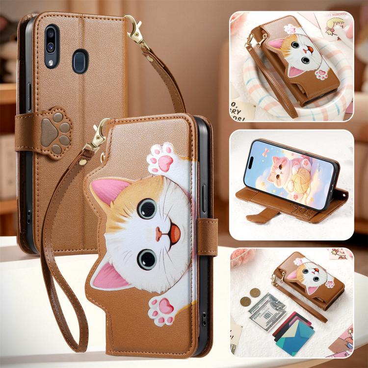 For Galaxy A20 / A30 Cat-shaped Zipper Wallet Vegan Leather Phone Case with Strap