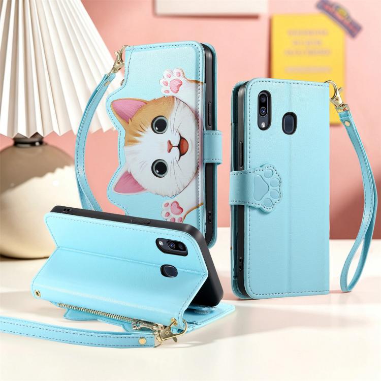 For Galaxy A20 / A30 Cat-shaped Zipper Wallet Vegan Leather Phone Case with Strap