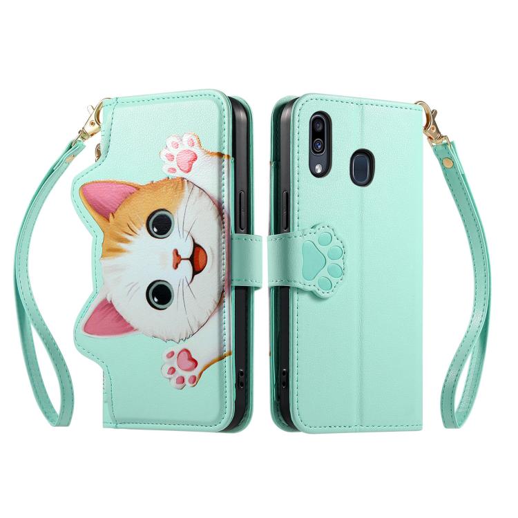 For Galaxy A20 / A30 Cat-shaped Zipper Wallet Vegan Leather Phone Case with Strap