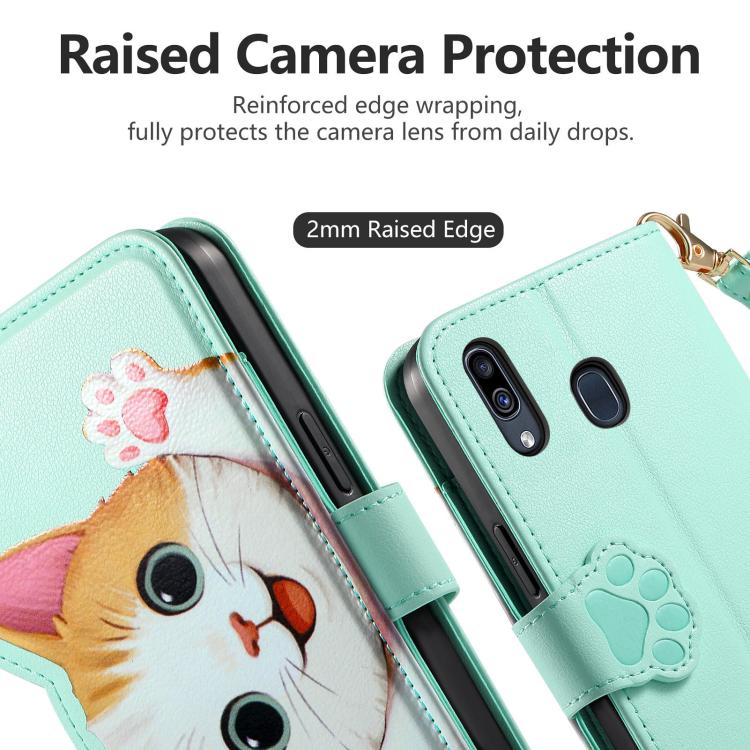 For Galaxy A20 / A30 Cat-shaped Zipper Wallet Vegan Leather Phone Case with Strap