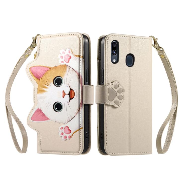 For Galaxy A20 / A30 Cat-shaped Zipper Wallet Vegan Leather Phone Case with Strap