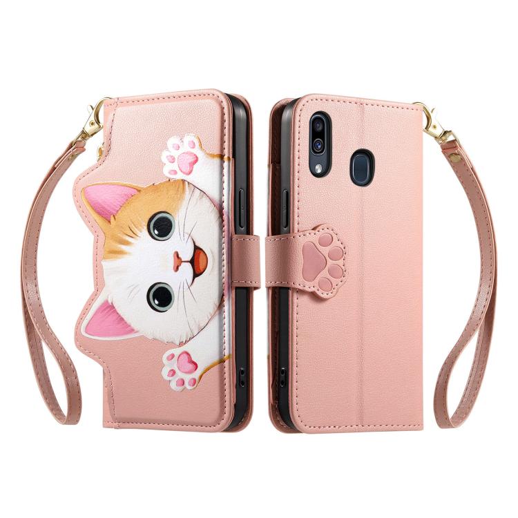 For Galaxy A20 / A30 Cat-shaped Zipper Wallet Vegan Leather Phone Case with Strap