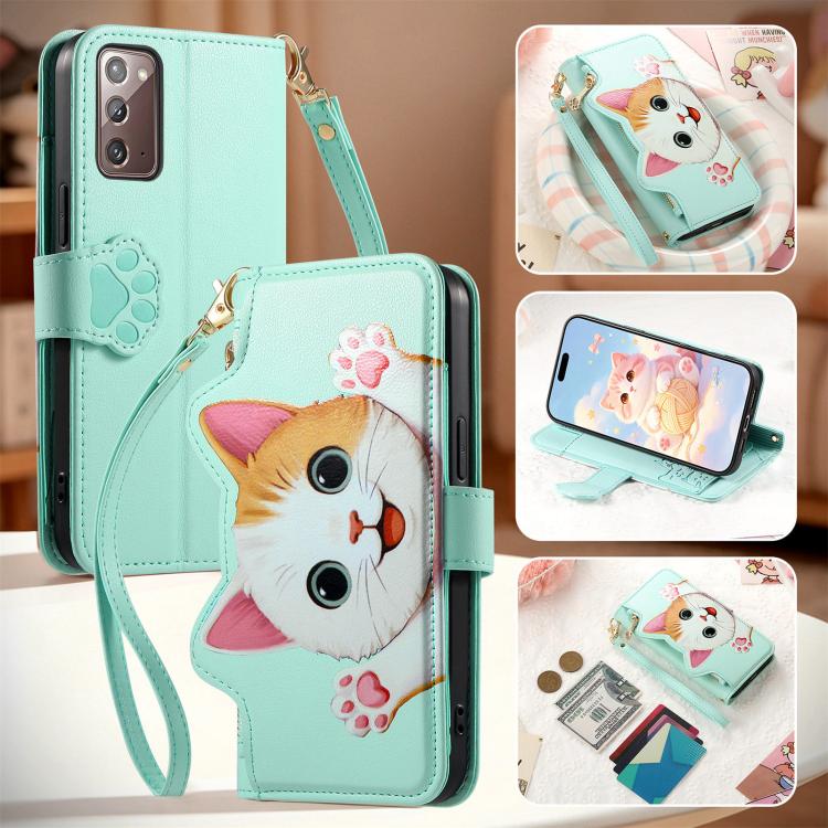 For Galaxy A23 5G Cat-shaped Zipper Wallet Vegan Leather Phone Case with Strap