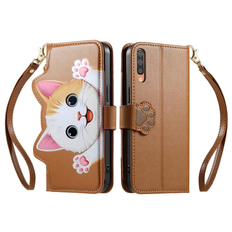 For Galaxy A70 / A70s Cat-shaped Zipper Wallet Vegan Leather Phone Case with Strap