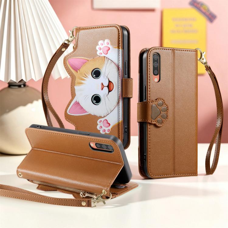 For Galaxy A70 / A70s Cat-shaped Zipper Wallet Vegan Leather Phone Case with Strap