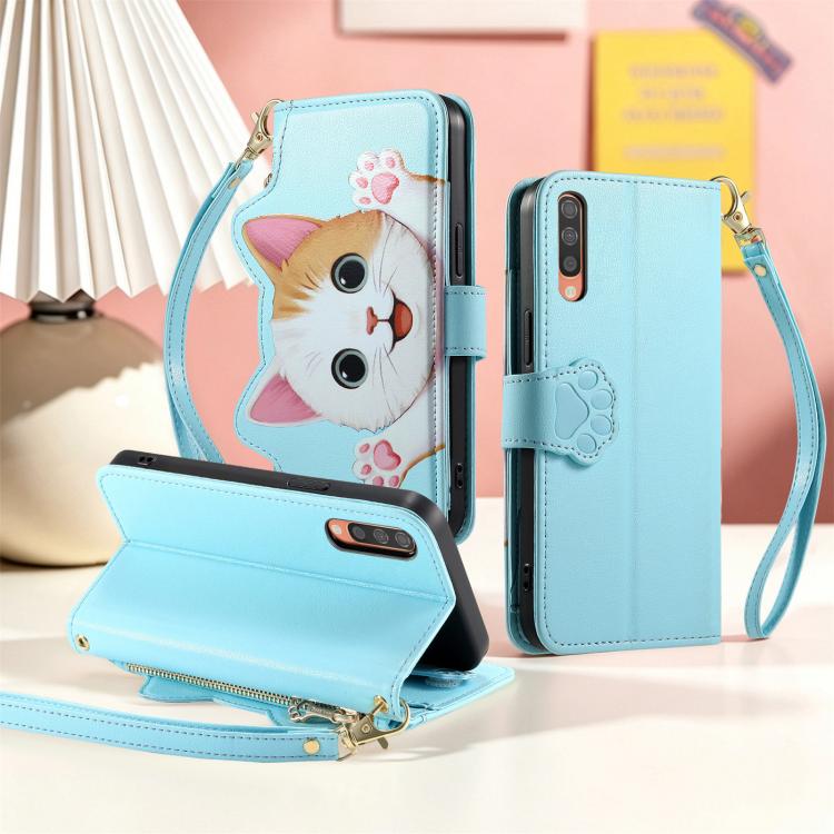 For Galaxy A70 / A70s Cat-shaped Zipper Wallet Vegan Leather Phone Case with Strap