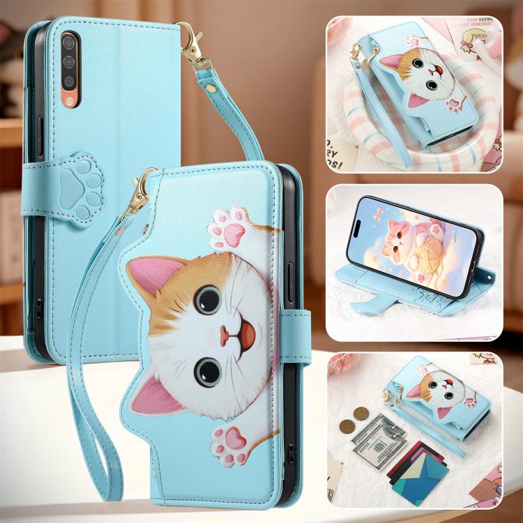 For Galaxy A70 / A70s Cat-shaped Zipper Wallet Vegan Leather Phone Case with Strap