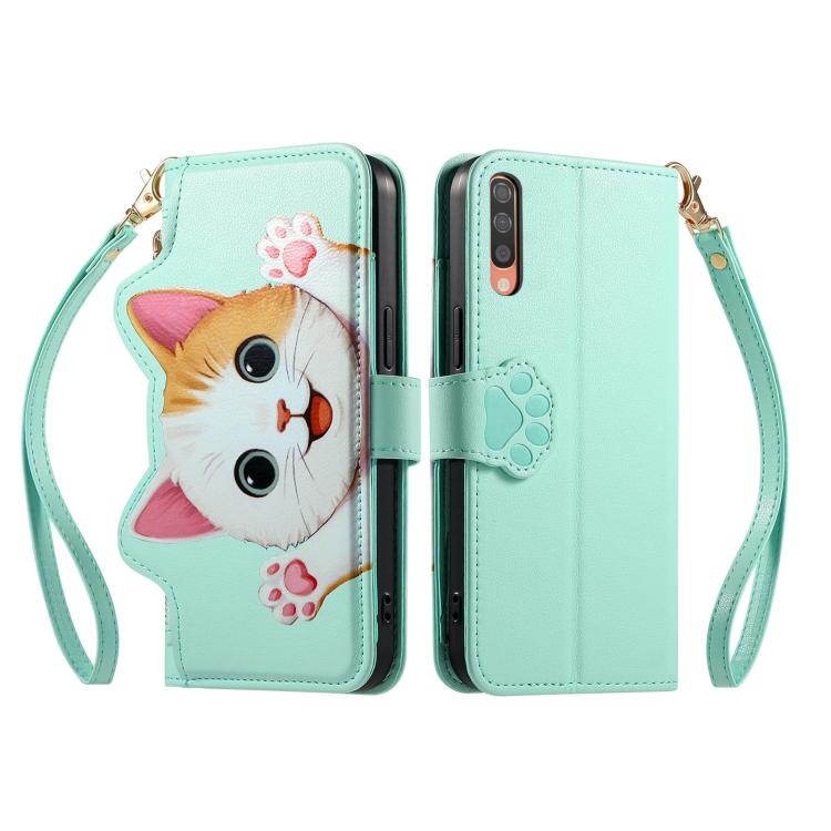 For Galaxy A70 / A70s Cat-shaped Zipper Wallet Vegan Leather Phone Case with Strap