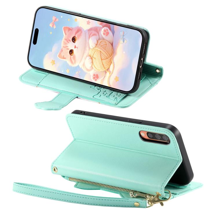 For Galaxy A70 / A70s Cat-shaped Zipper Wallet Vegan Leather Phone Case with Strap