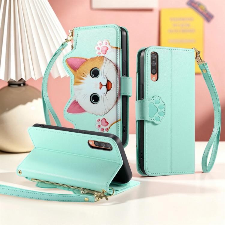 For Galaxy A70 / A70s Cat-shaped Zipper Wallet Vegan Leather Phone Case with Strap