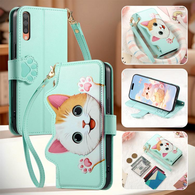 For Galaxy A70 / A70s Cat-shaped Zipper Wallet Vegan Leather Phone Case with Strap