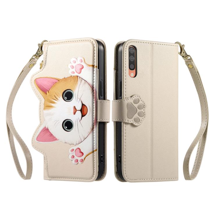 For Galaxy A70 / A70s Cat-shaped Zipper Wallet Vegan Leather Phone Case with Strap