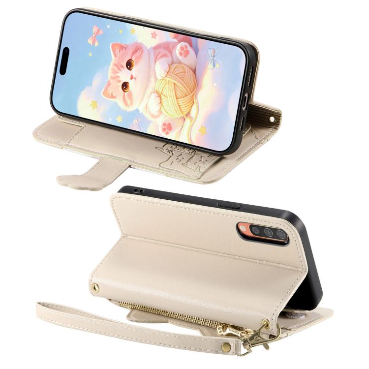 For Galaxy A70 / A70s Cat-shaped Zipper Wallet Vegan Leather Phone Case with Strap