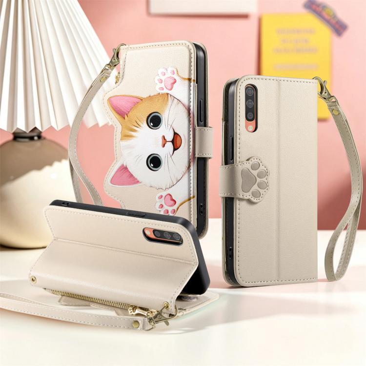 For Galaxy A70 / A70s Cat-shaped Zipper Wallet Vegan Leather Phone Case with Strap
