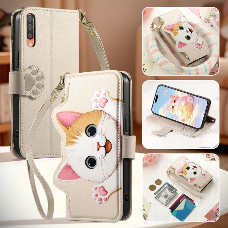 For Galaxy A70 / A70s Cat-shaped Zipper Wallet Vegan Leather Phone Case with Strap