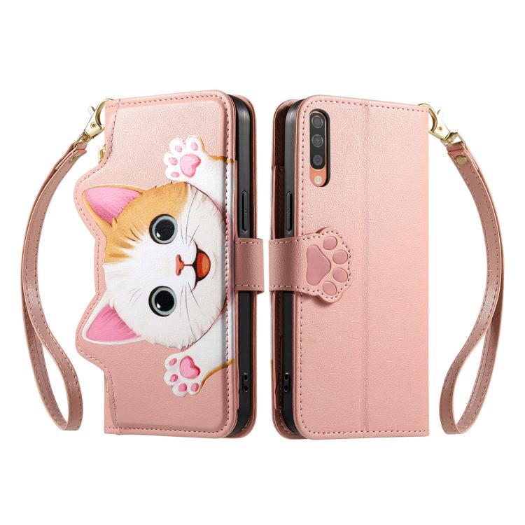 For Galaxy A70 / A70s Cat-shaped Zipper Wallet Vegan Leather Phone Case with Strap