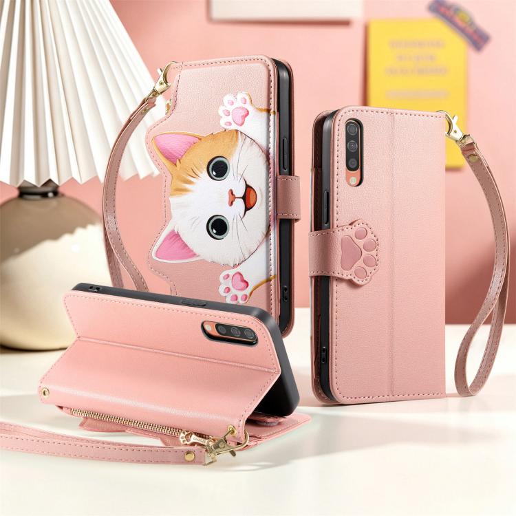 For Galaxy A70 / A70s Cat-shaped Zipper Wallet Vegan Leather Phone Case with Strap