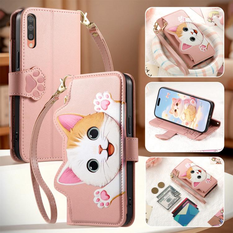 For Galaxy A70 / A70s Cat-shaped Zipper Wallet Vegan Leather Phone Case with Strap