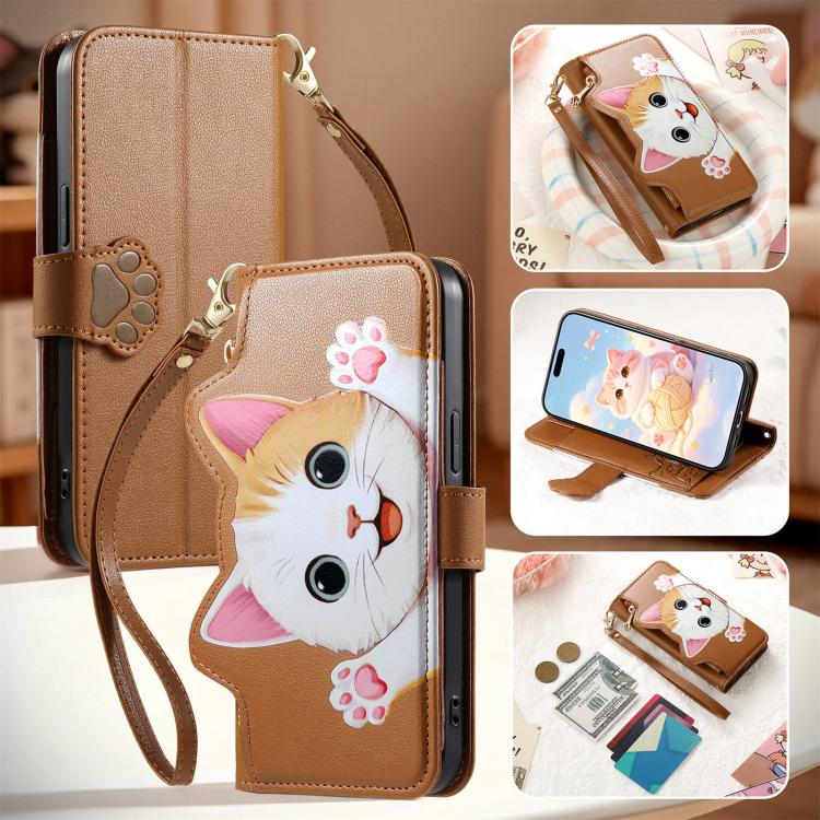 For Google Pixel 10 / 10 Pro / 9 Pro Cat-shaped Zipper Wallet Vegan Leather Phone Case with Strap