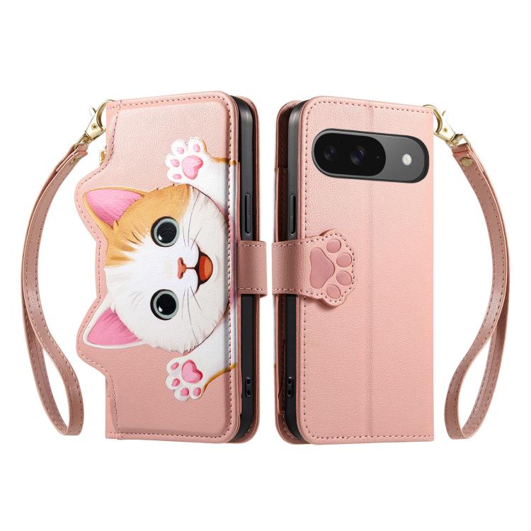 For Google Pixel 10 / 10 Pro / 9 Pro Cat-shaped Zipper Wallet Vegan Leather Phone Case with Strap