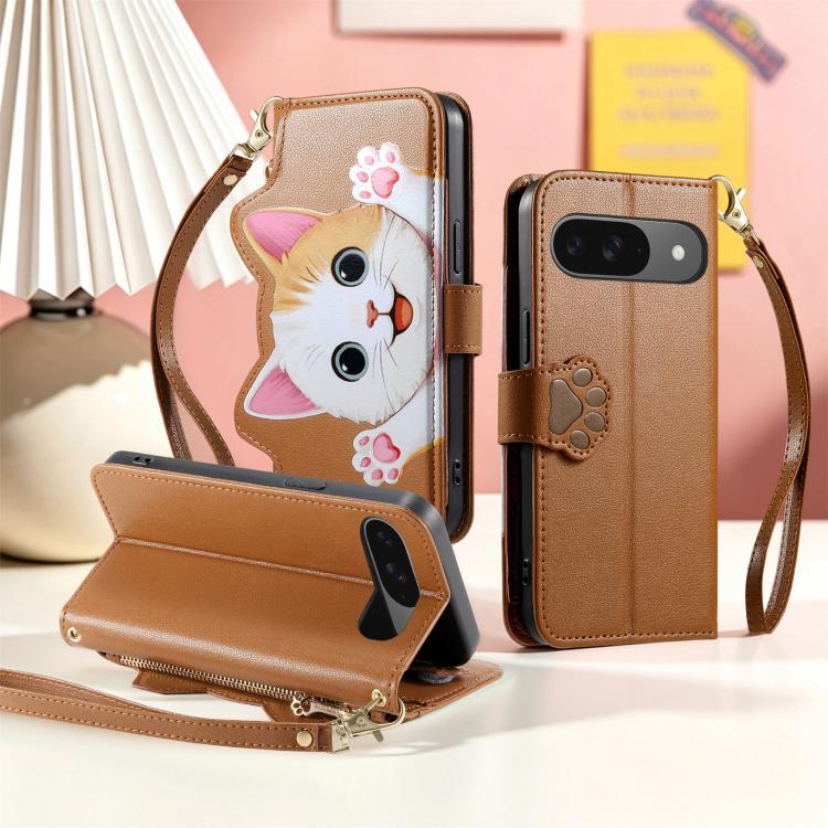 For Google Pixel 10a Cat-shaped Zipper Wallet Vegan Leather Phone Case with Strap