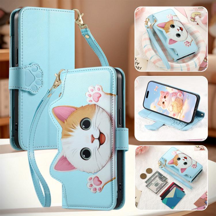 For Google Pixel 10a Cat-shaped Zipper Wallet Vegan Leather Phone Case with Strap