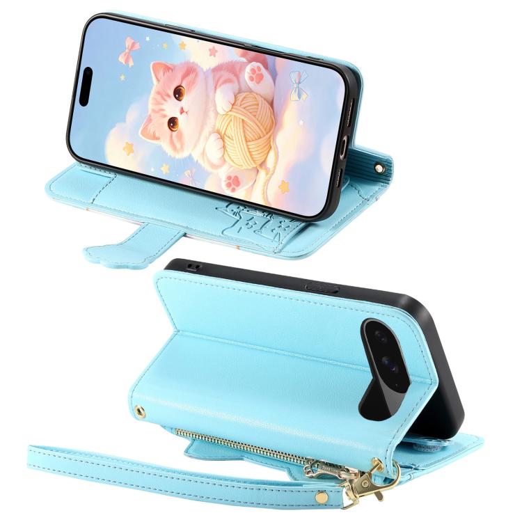 For Google Pixel 9a Cat-shaped Zipper Wallet Vegan Leather Phone Case with Strap