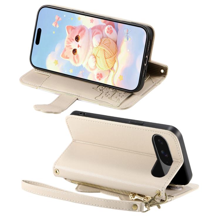 For Google Pixel 8 Cat-shaped Zipper Wallet Vegan Leather Phone Case with Strap