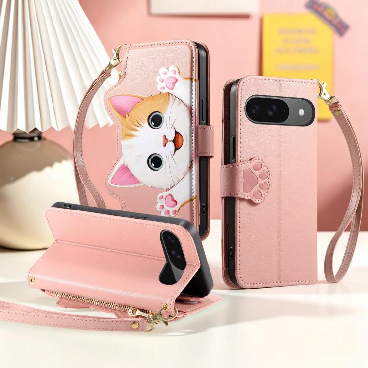For Google Pixel 8 Cat-shaped Zipper Wallet Vegan Leather Phone Case with Strap