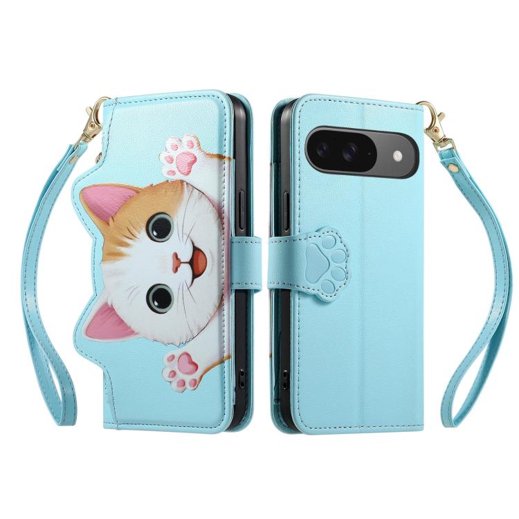 For Google Pixel 8 Pro Cat-shaped Zipper Wallet Vegan Leather Phone Case with Strap