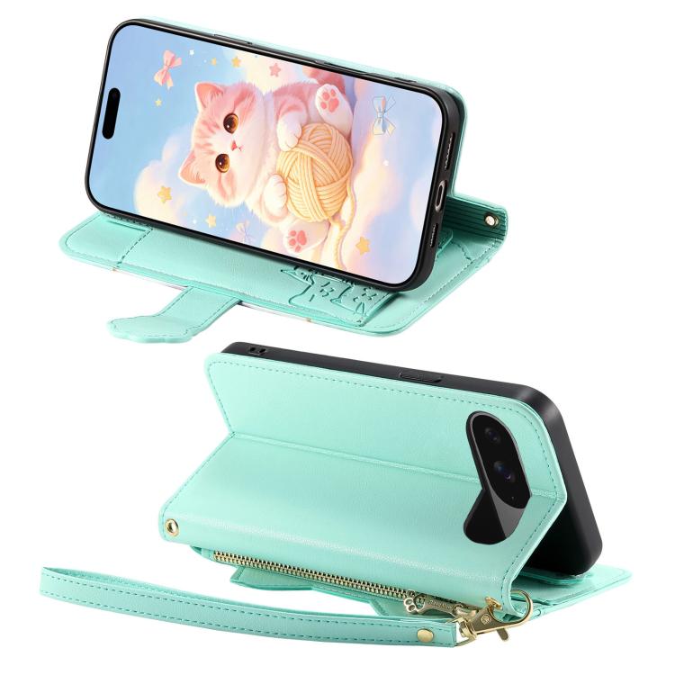 For Google Pixel 8a Cat-shaped Zipper Wallet Vegan Leather Phone Case with Strap