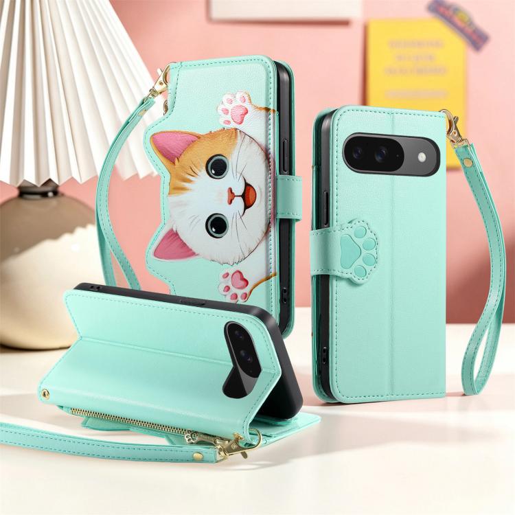 For Google Pixel 8a Cat-shaped Zipper Wallet Vegan Leather Phone Case with Strap