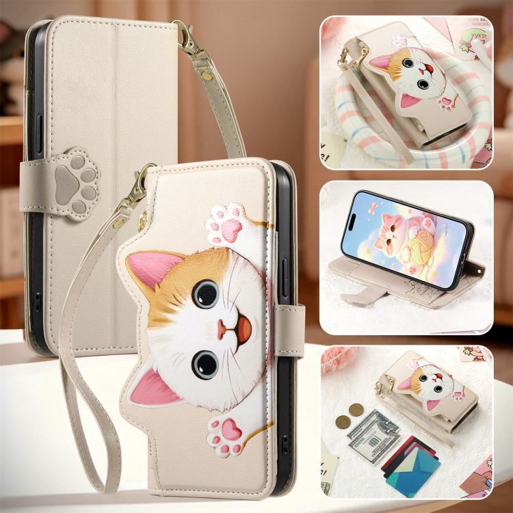 For Google Pixel 8a Cat-shaped Zipper Wallet Vegan Leather Phone Case with Strap