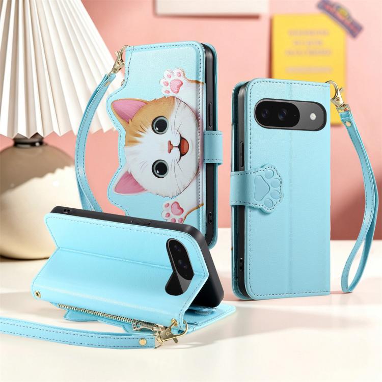 For Google Pixel 7 Cat-shaped Zipper Wallet Vegan Leather Phone Case with Strap