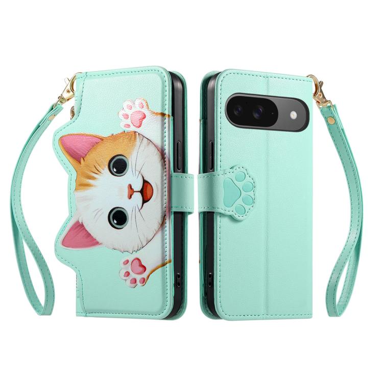 For Google Pixel 7 Cat-shaped Zipper Wallet Vegan Leather Phone Case with Strap