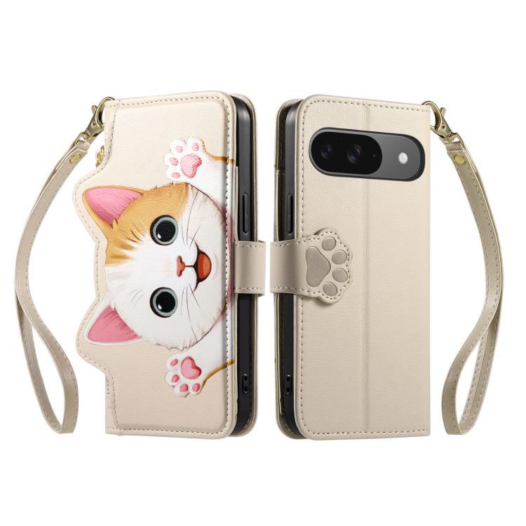 For Google Pixel 7 Cat-shaped Zipper Wallet Vegan Leather Phone Case with Strap
